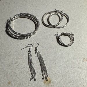 Elegant Silver Tone Hoop and Dangle Earring Set